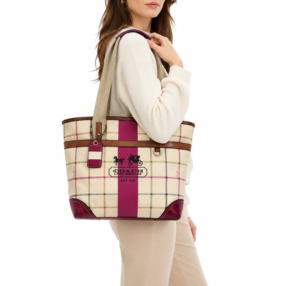 Coach Handbags - Coach Heritage Leatherware Tote Womens Pink White Tattersall Plaid Webbing Strap